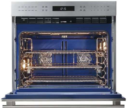 Built-in oven with a blue porcelain interior and racks